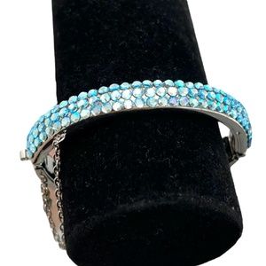 KIRKS FOLLY BLUE CRYSTAL & SILVER TONE HARD BANGLE BRACELET